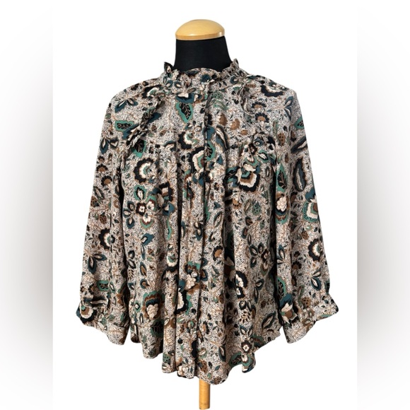 Evereve Paisley Ruffle Neck Blouse Green Brown Boho Size Small - Picture 2 of 11